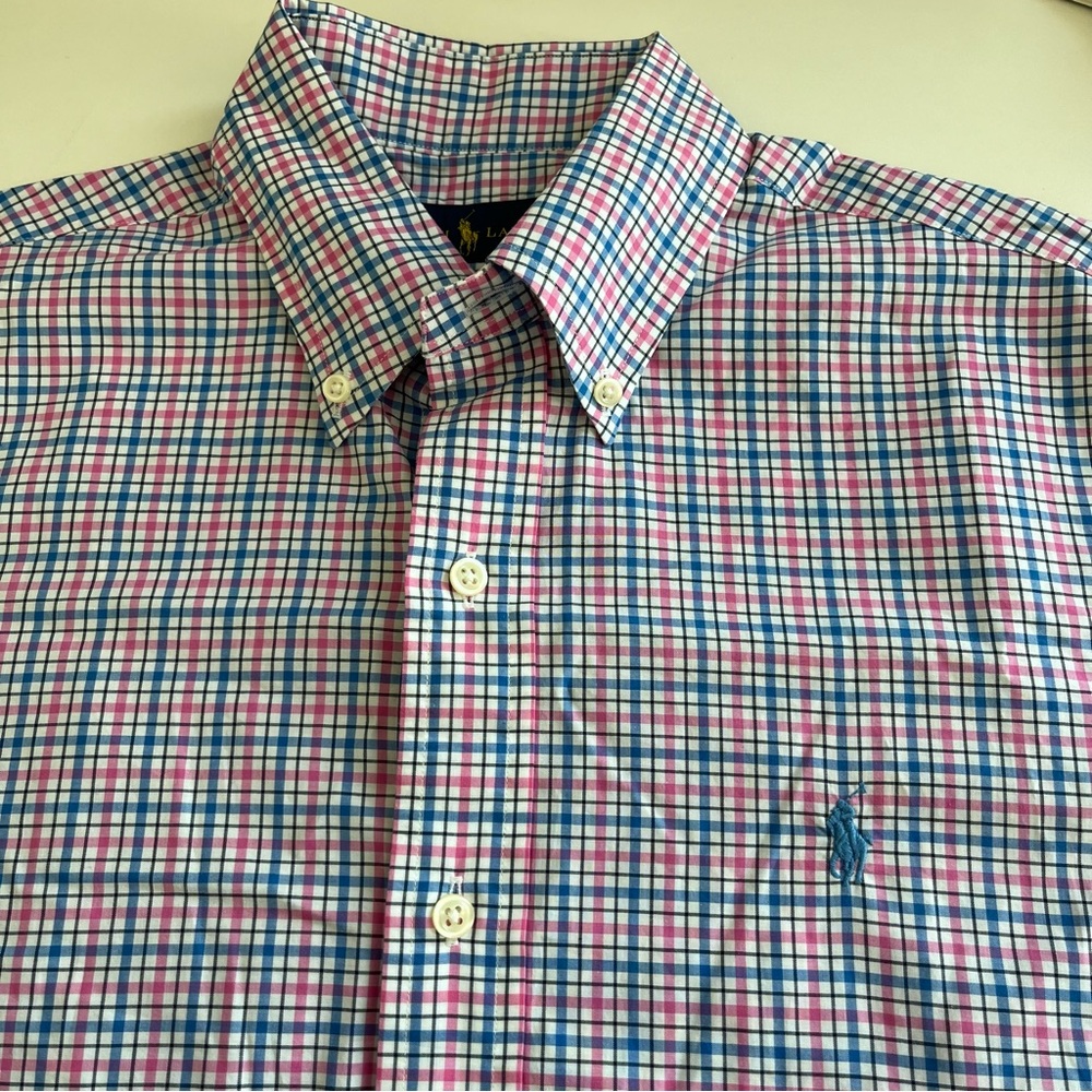 Ralph Lauren Men’s Classic Fit Cotton Stretch short sleeve pink blue plaid small